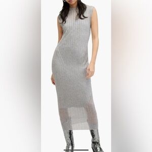 All Saints Patrice Silver Knit MIDI Maxi Dress cap sleeves Size M NEW